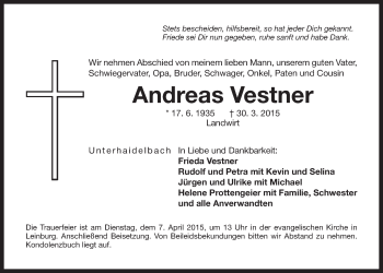 Traueranzeige von Andreas Vestner von Der Bote