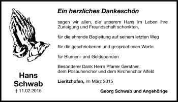 Traueranzeige von Hans Schwab von Hersbrucker Zeitung