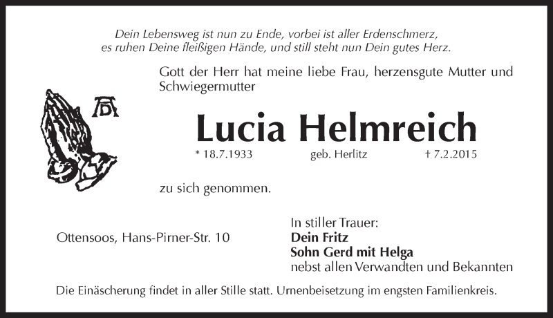  Traueranzeige für Lucia Helmreich vom 09.02.2015 aus Pegnitz-Zeitung