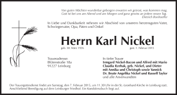 Traueranzeige von Karl Nickel von Pegnitz-Zeitung