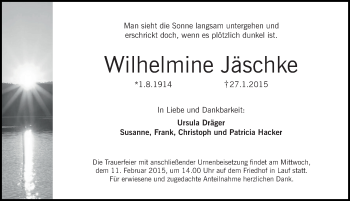 Traueranzeige von Wilhelmine Jäschke von Pegnitz-Zeitung