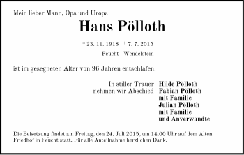 Traueranzeige von Hans Pölloth von Der Bote