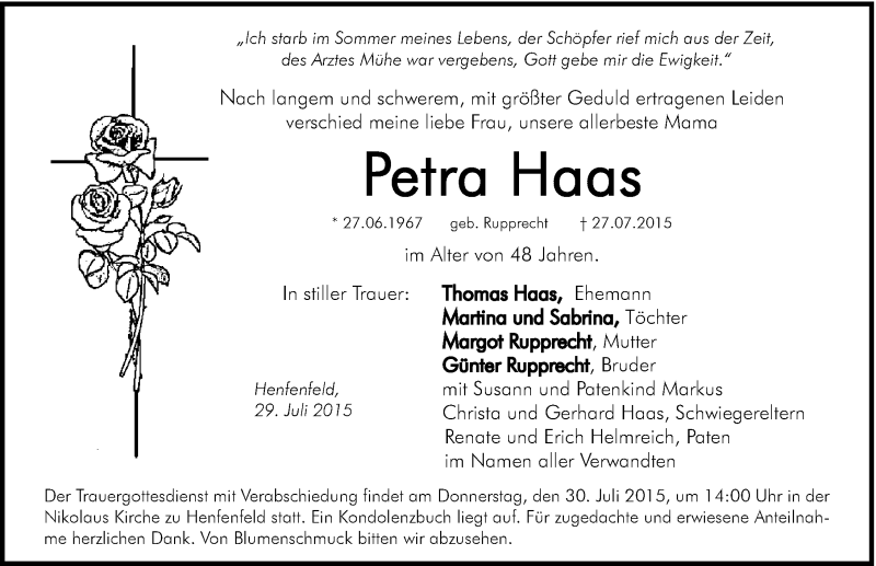  Traueranzeige für Petra Haas vom 29.07.2015 aus Hersbrucker Zeitung