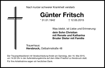 Traueranzeige von Günter Fritsch von Hersbrucker Zeitung