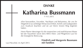 Traueranzeige von Katharina Bussmann von Pegnitz-Zeitung