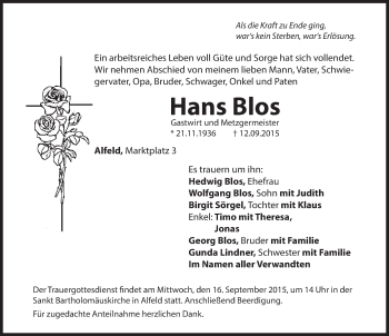Traueranzeige von Hans Blos von Hersbrucker Zeitung