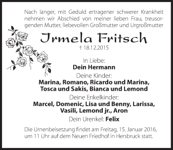 Traueranzeige von Irmela Fritsch von Hersbrucker Zeitung