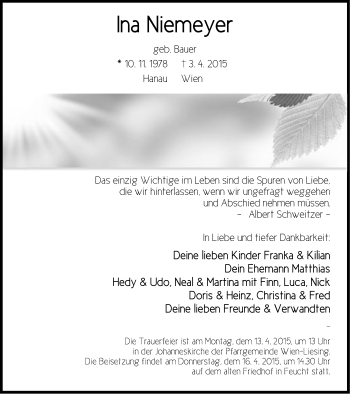 Traueranzeige von Ina Niemeyer von Der Bote