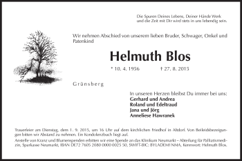 Traueranzeige von Helmuth Blos von Der Bote