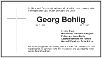 Traueranzeige von Georg Bohlig von Pegnitz-Zeitung