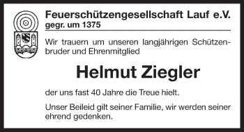 Traueranzeige von Helmut Ziegler von Pegnitz-Zeitung