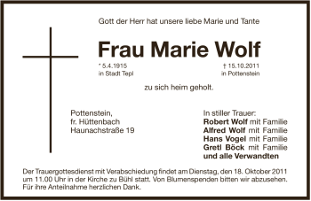 Traueranzeige von Marie Wolf von Pegnitz-Zeitung