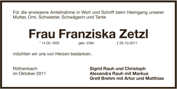 Traueranzeige von Franziska Zetzl von Pegnitz-Zeitung