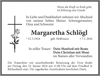 Traueranzeige von Margaretha Schlögl von Pegnitz-Zeitung