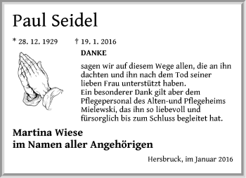 Traueranzeige von Paul Seidel von Hersbrucker Zeitung
