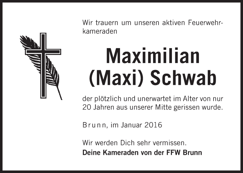  Traueranzeige für Max Schwab vom 27.01.2016 aus Der Bote