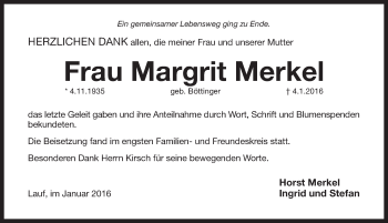 Traueranzeige von Margrit Merkel von Pegnitz-Zeitung