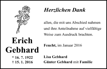 Traueranzeige von Erich Gebhard von Der Bote