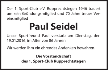 Traueranzeige von Paul Seidel von Hersbrucker Zeitung