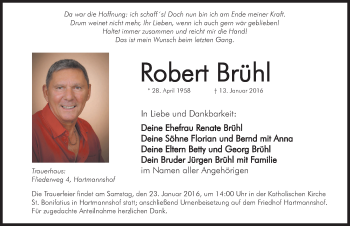 Traueranzeige von Robert Brühl von Hersbrucker Zeitung