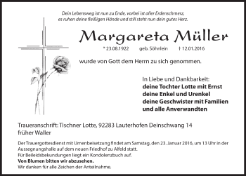 Traueranzeige von Margareta Müller von Hersbrucker Zeitung