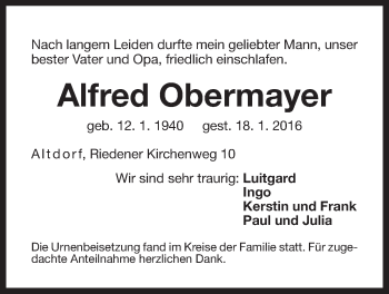 Traueranzeige von Alfred Obermayer von Der Bote