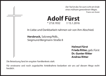 Traueranzeige von Adolf Fürst von Hersbrucker Zeitung