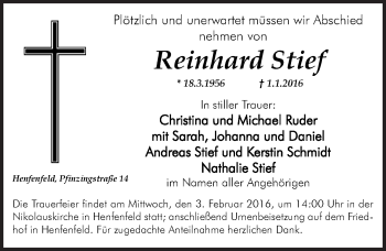 Traueranzeige von Reinhard Stief von Hersbrucker Zeitung