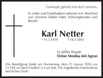 Traueranzeige von Karl Netter von Pegnitz-Zeitung