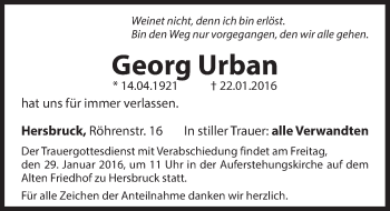 Traueranzeige von Georg Urban von Hersbrucker Zeitung