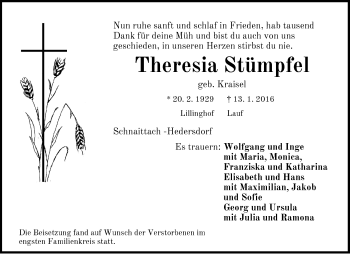 Traueranzeige von Theresia Stümpfel von Pegnitz-Zeitung