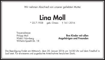 Traueranzeige von Lina Moll von Pegnitz-Zeitung