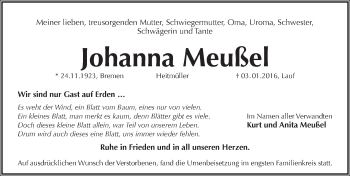 Traueranzeige von Johanna Meußel von Pegnitz-Zeitung