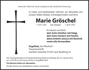 Traueranzeige von Marie Gröschel von Hersbrucker Zeitung