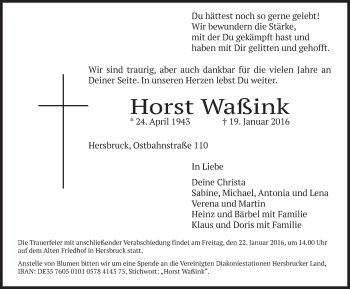 Traueranzeige von Horst Waßink von Hersbrucker Zeitung