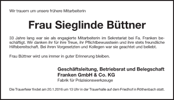 Traueranzeige von Sieglinde Büttner von Pegnitz-Zeitung