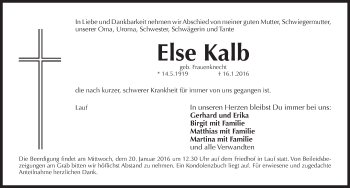 Traueranzeige von Else Kalb von Pegnitz-Zeitung