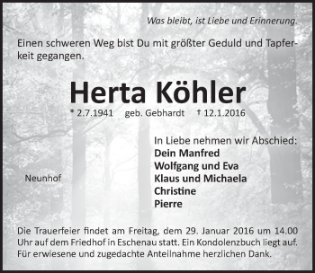 Traueranzeige von Herta Köhler von Pegnitz-Zeitung