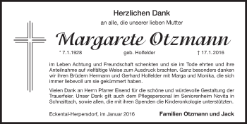 Traueranzeige von Margarete Otzmann von Pegnitz-Zeitung