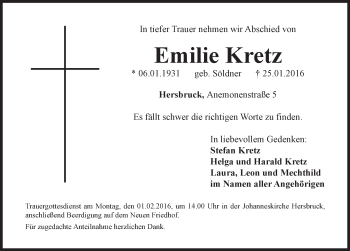 Traueranzeige von Emilie Kretz von Hersbrucker Zeitung