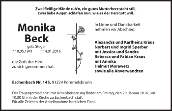 Traueranzeige von Monika Beck von Hersbrucker Zeitung
