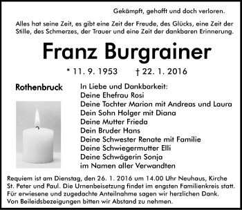 Traueranzeige von Franz Burgrainer von Hersbrucker Zeitung