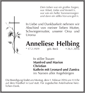 Traueranzeige von Anneliese Helbing von Pegnitz-Zeitung