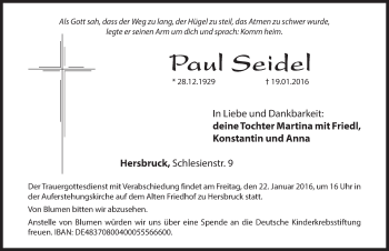 Traueranzeige von Paul Seidel von Hersbrucker Zeitung