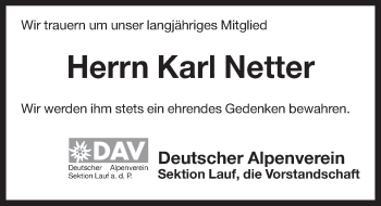Traueranzeige von Karl Netter von Pegnitz-Zeitung