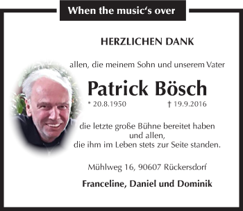 Traueranzeige von Patrick Bösch von Pegnitz-Zeitung
