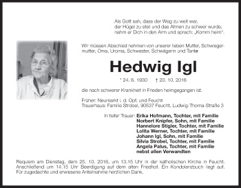 Traueranzeige von Hedwig Igl von Der Bote