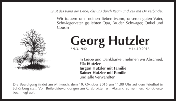Traueranzeige von Georg Hutzler von Pegnitz-Zeitung