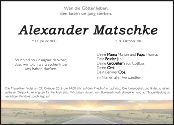 Traueranzeige von Alexander Matschke von Pegnitz-Zeitung