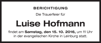 Traueranzeige von Luise Hofmann von Der Bote